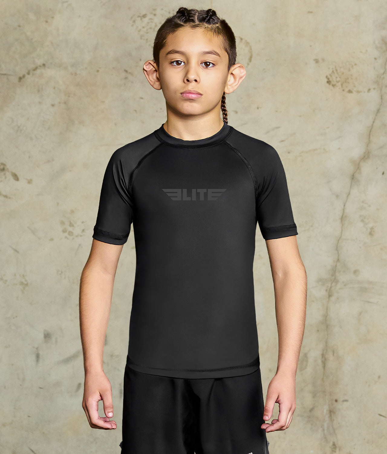 standard black short sleeve no-gi kids bjj rash guard