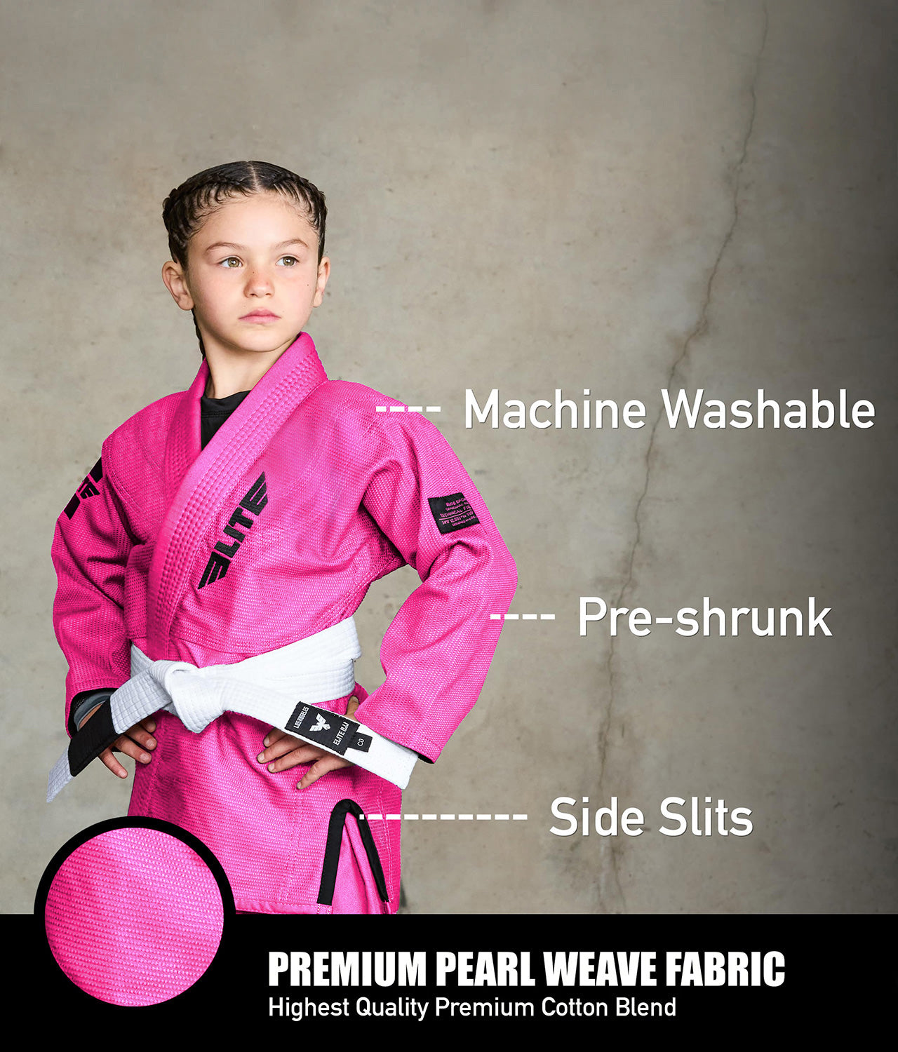 elite sports core pink kids bjj kimono fabric