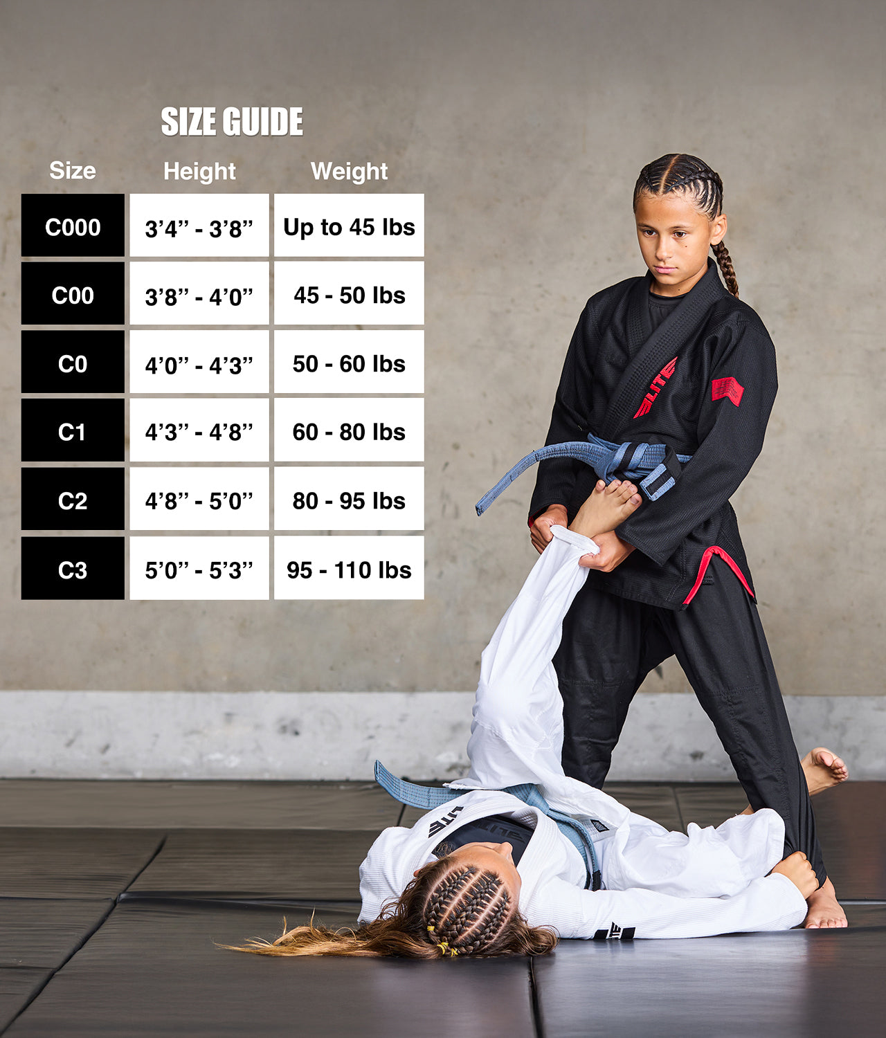 elite sports core black girls bjj wholesale gi size guide
