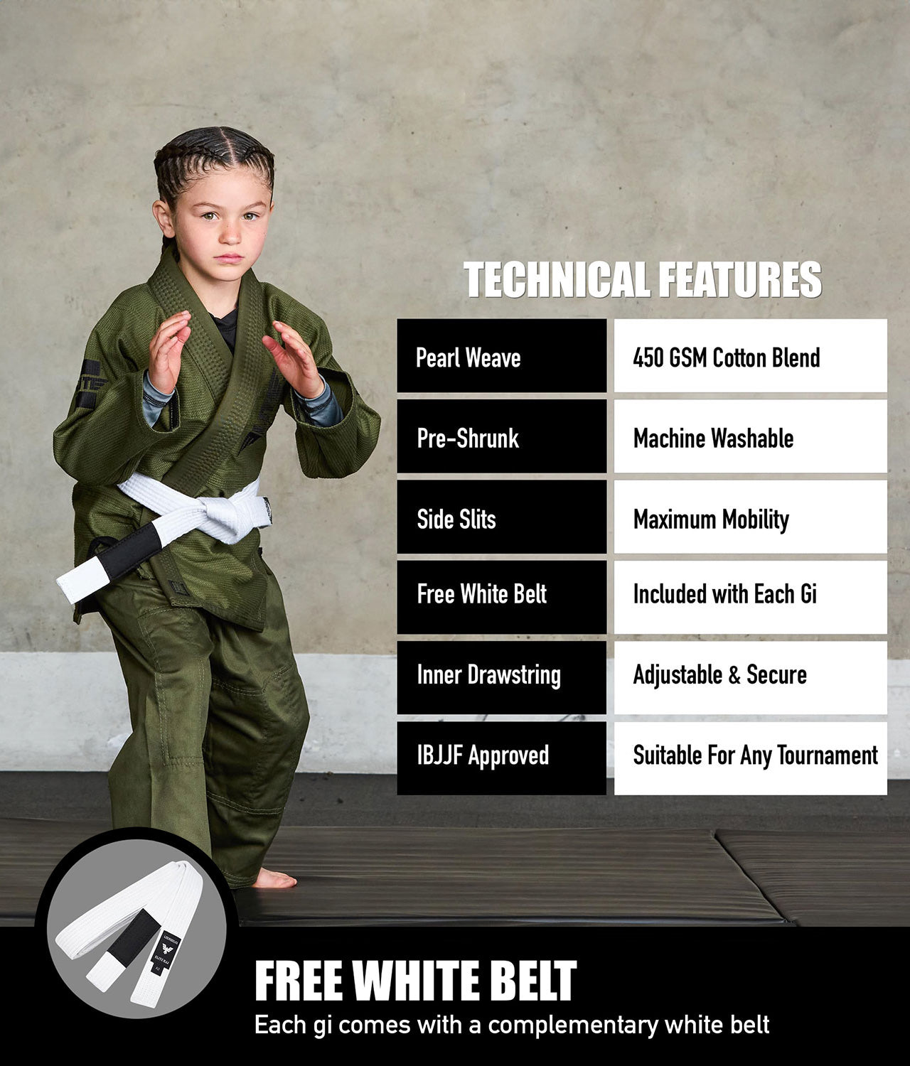 elite sports core green children bjj wholesale uniform technical features
