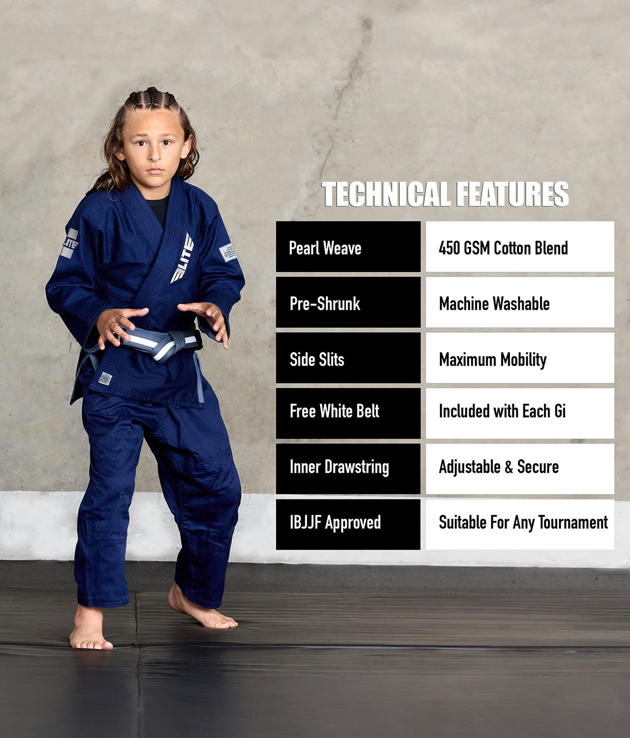elite sports core navy-blue children bjj wholesale uniform technical features