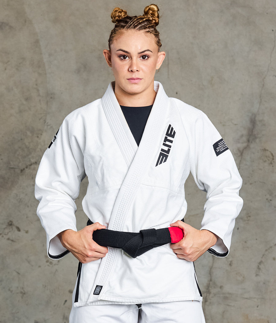 Image from Elite Sports' wholesale listing for the Core White women's BJJ gi, one of the IBJJF-approved colorways in the 2026 collection.