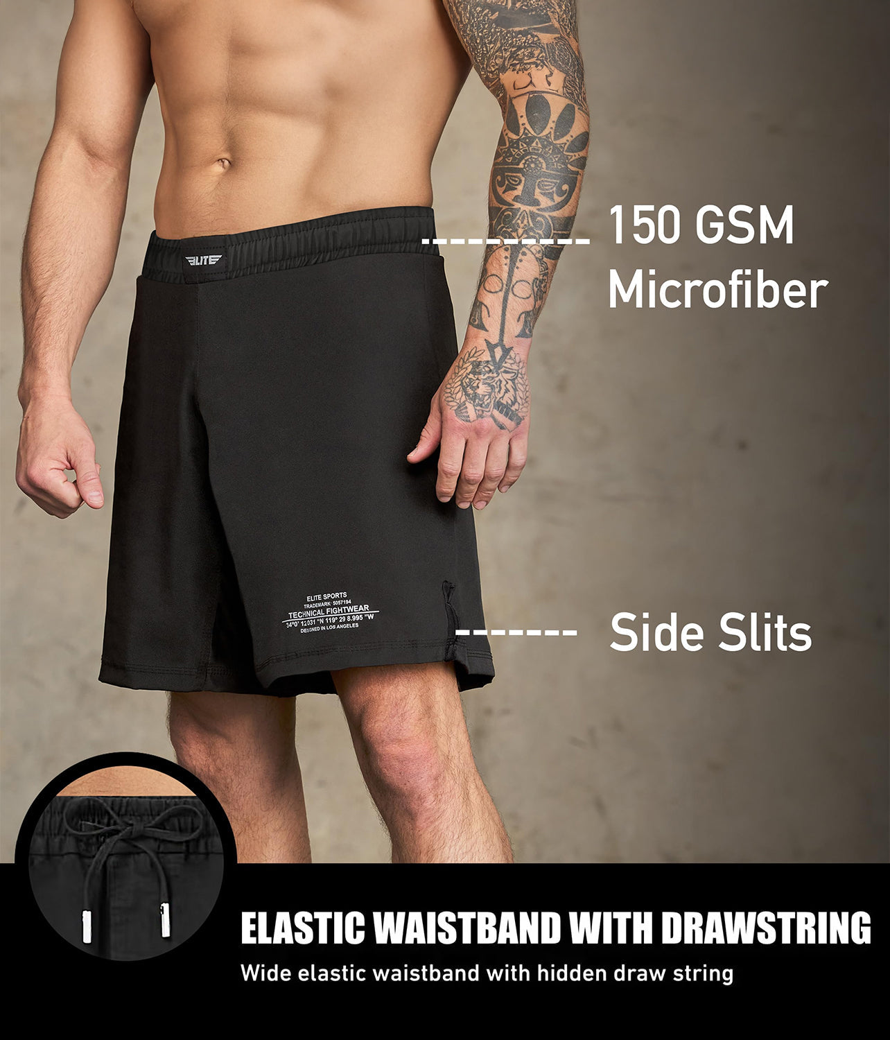elite sports black jack series black Brazilian jiu jitsu shorts with elastic waistband