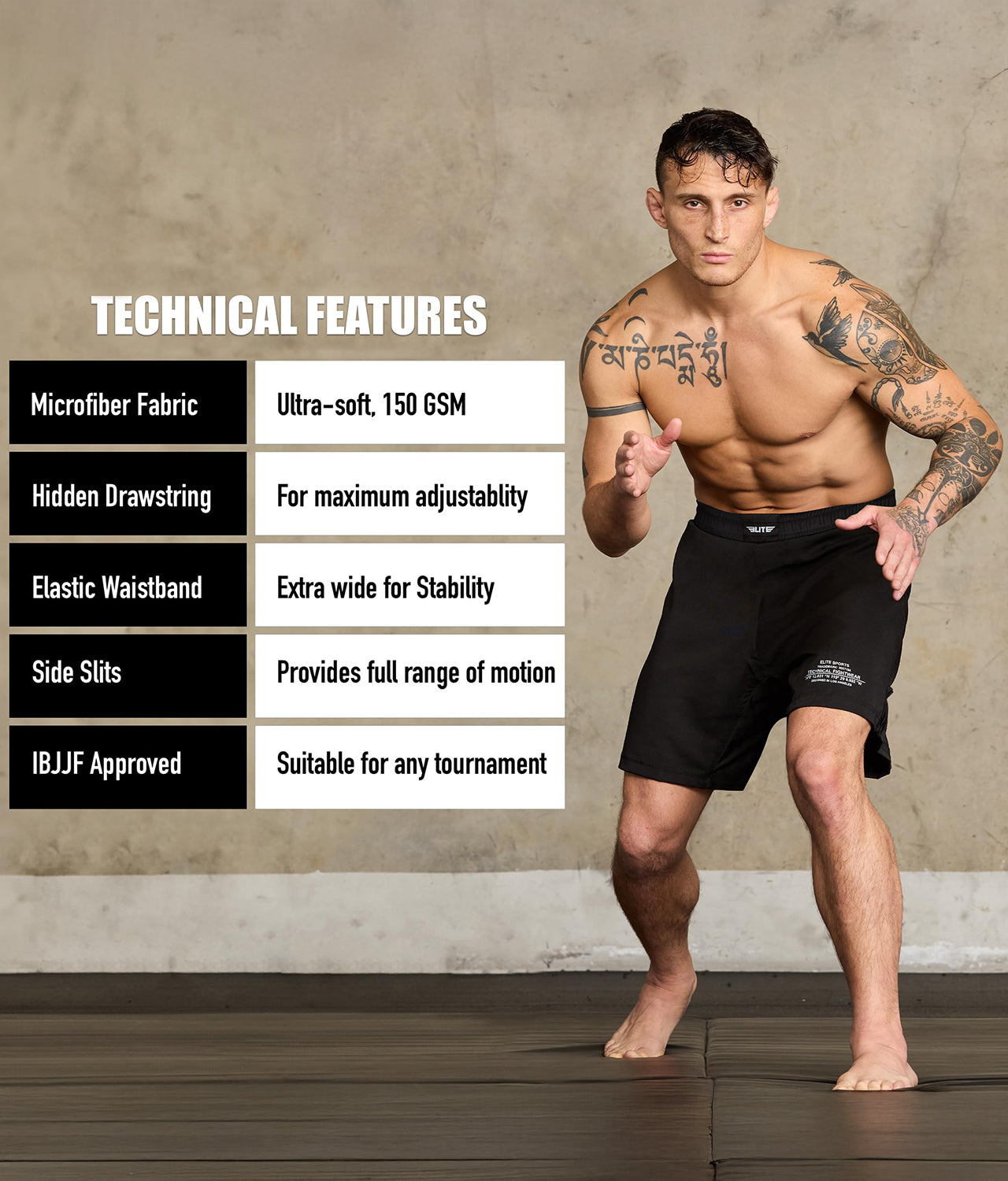 elite sports black jack series black adults bjj shorts technical features