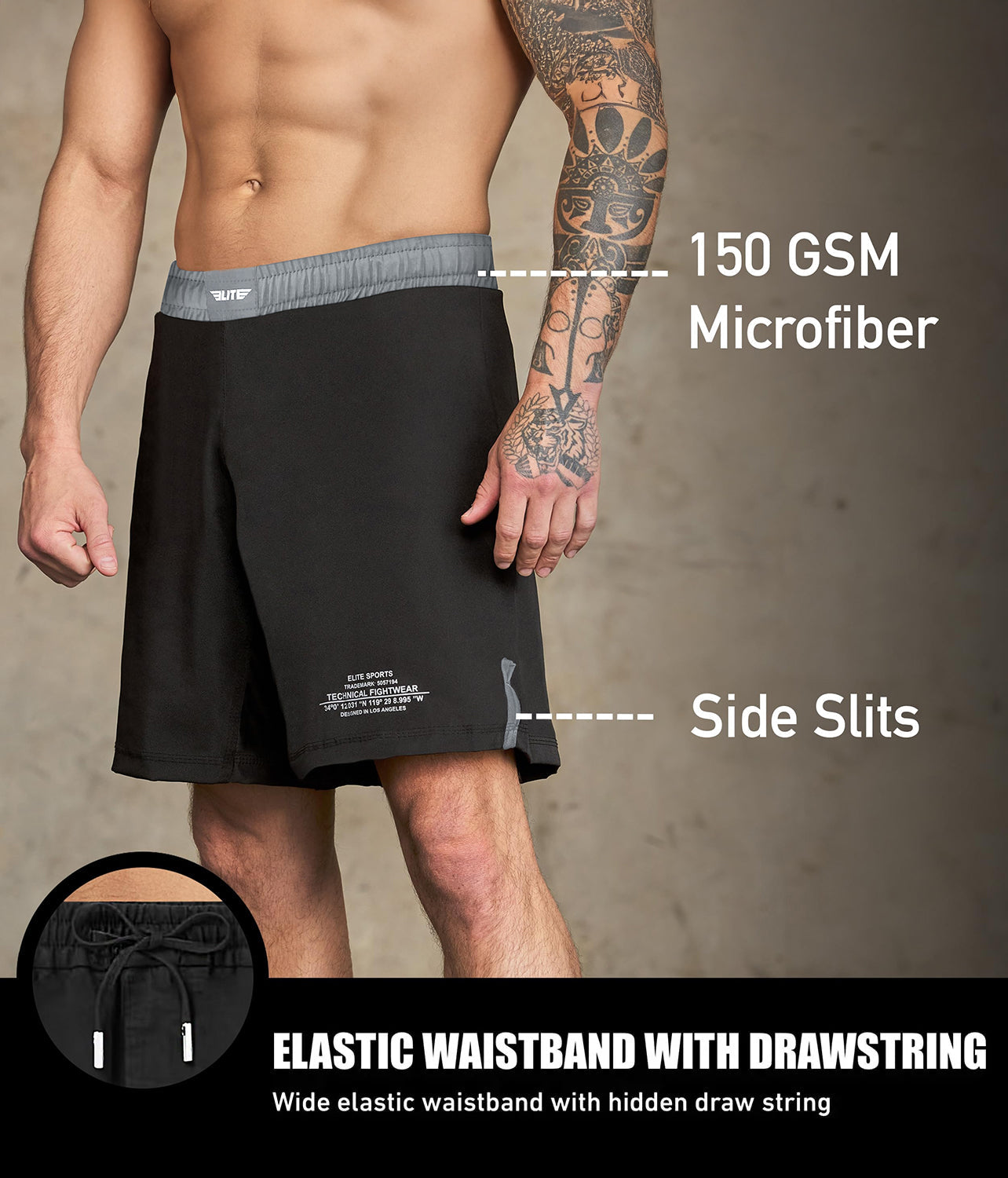 elite sports black jack series gray Brazilian jiu jitsu shorts with elastic waistband