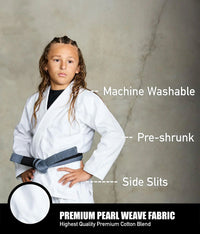 elite essential white kids jiu jitsu kimono fabric
