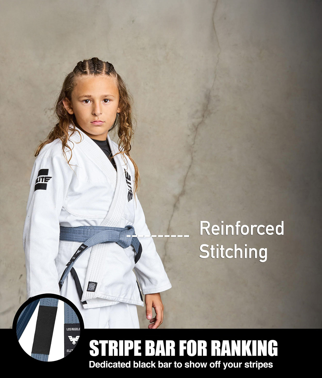 elite sports kids gray bjj belt with stripe bar for ranking