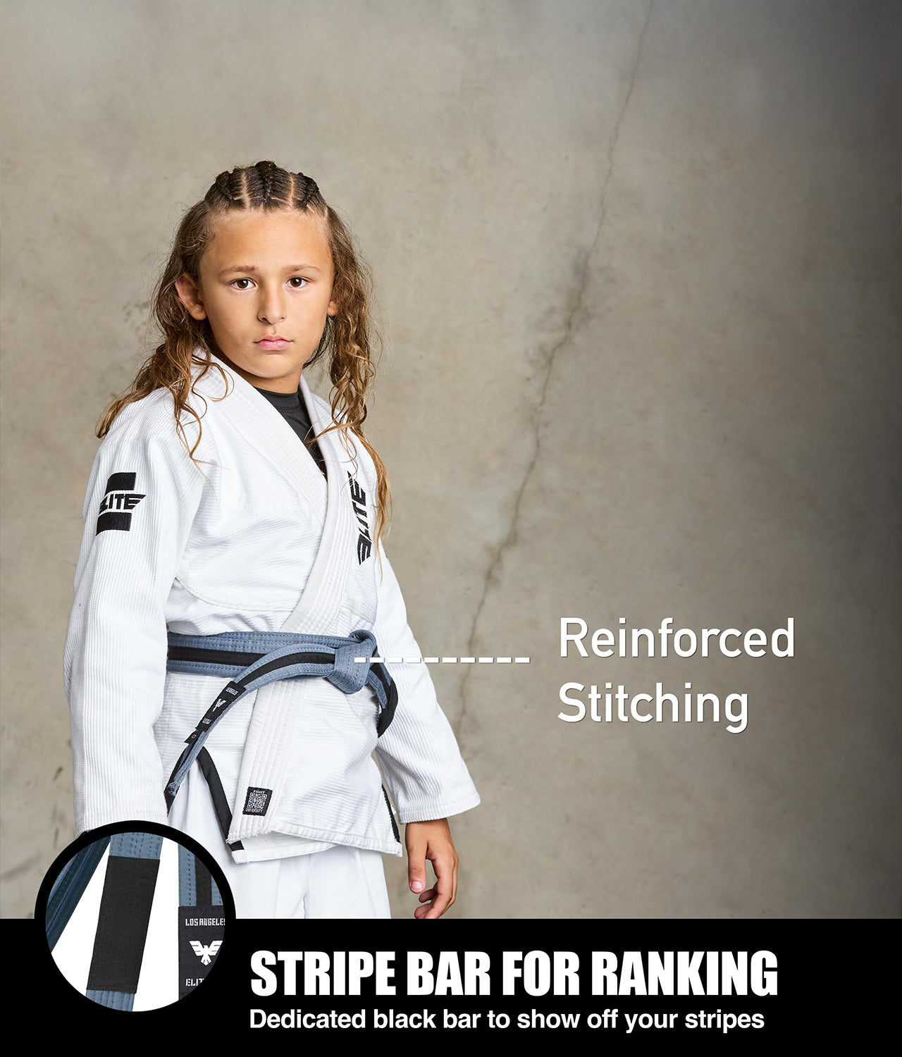 elite sports kids gray/black bjj belt with stripe bar for ranking