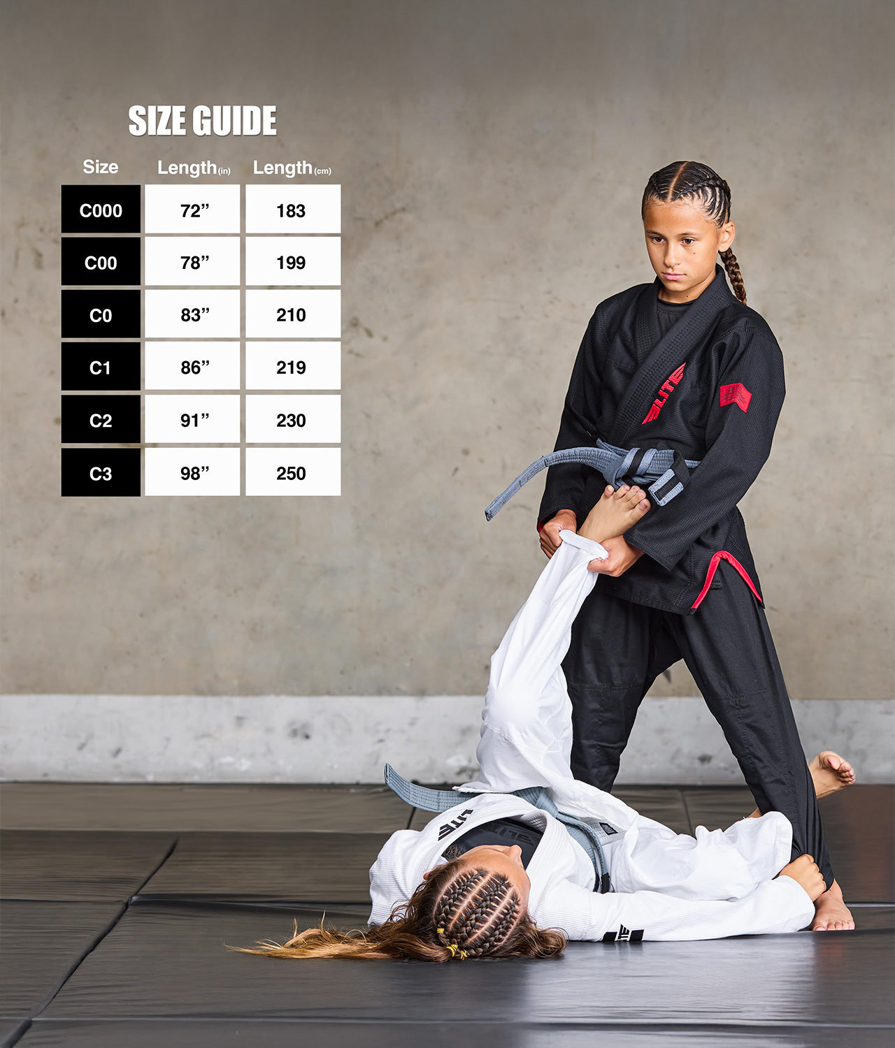 elite sports kids Brazilian jiu jitsu gray/black bjj belt size guide