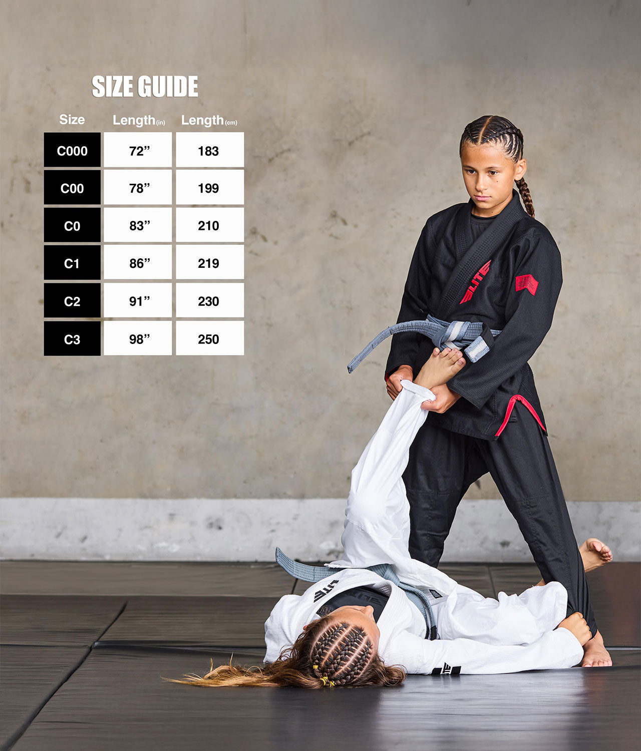 elite sports kids Brazilian jiu jitsu gray/white bjj belt size guide