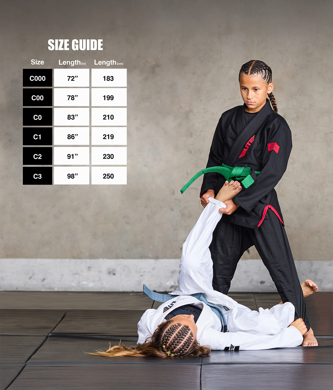 elite sports kids Brazilian jiu jitsu green bjj belt size guide