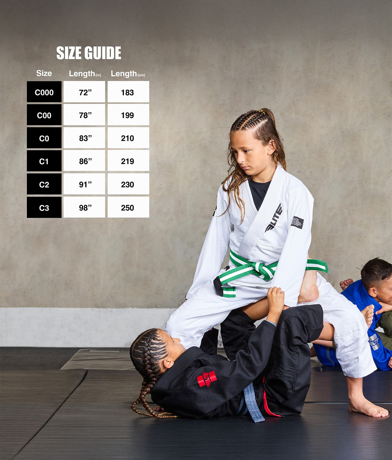 elite sports kids Brazilian jiu jitsu green/white bjj belt size guide