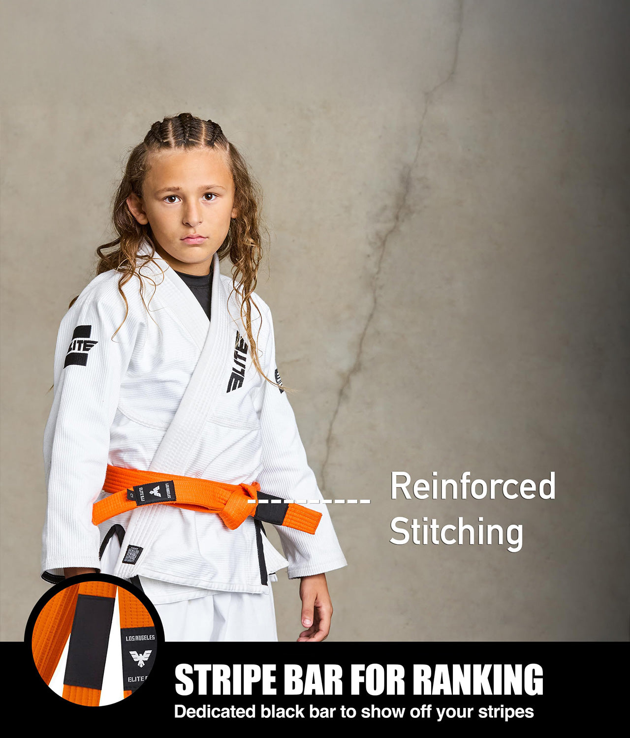 elite sports kids orange bjj belt with stripe bar for ranking