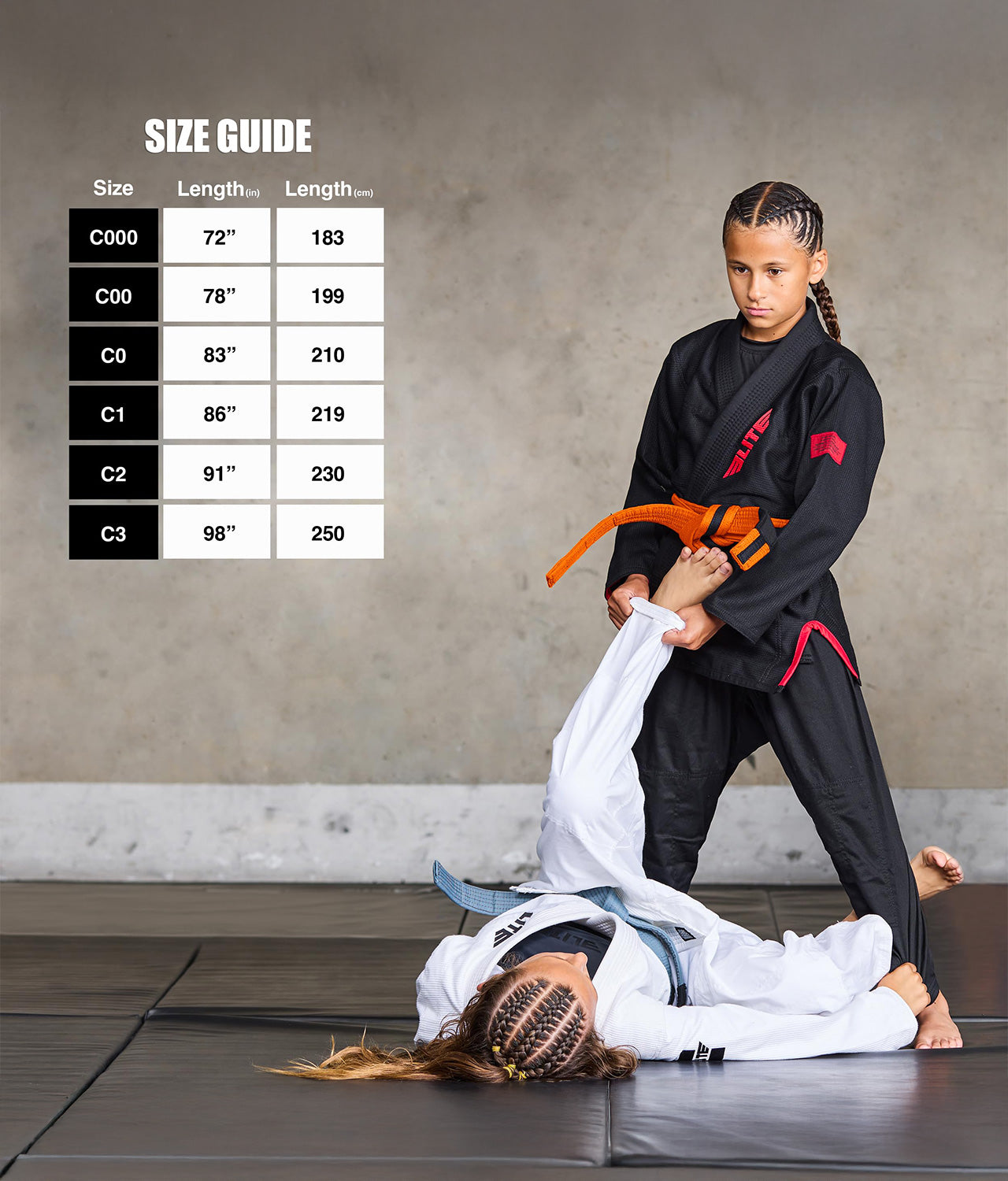 elite sports kids Brazilian jiu jitsu orange/black bjj belt size guide
