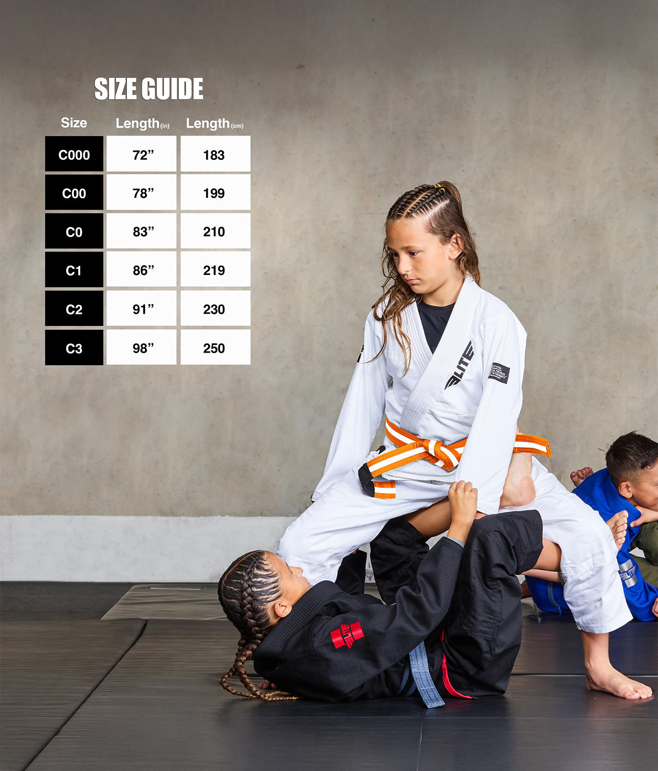 elite sports kids Brazilian jiu jitsu orange/white bjj belt size guide