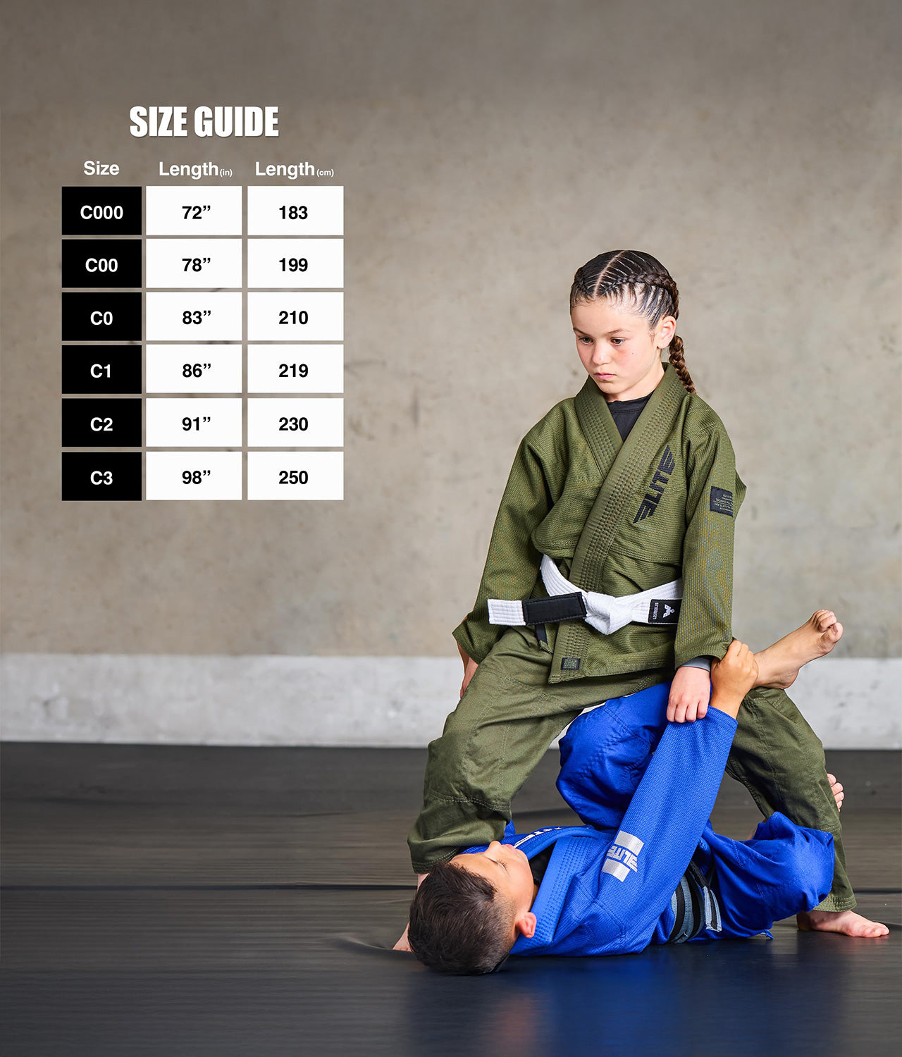 elite sports kids Brazilian jiu jitsu white bjj belt size guide