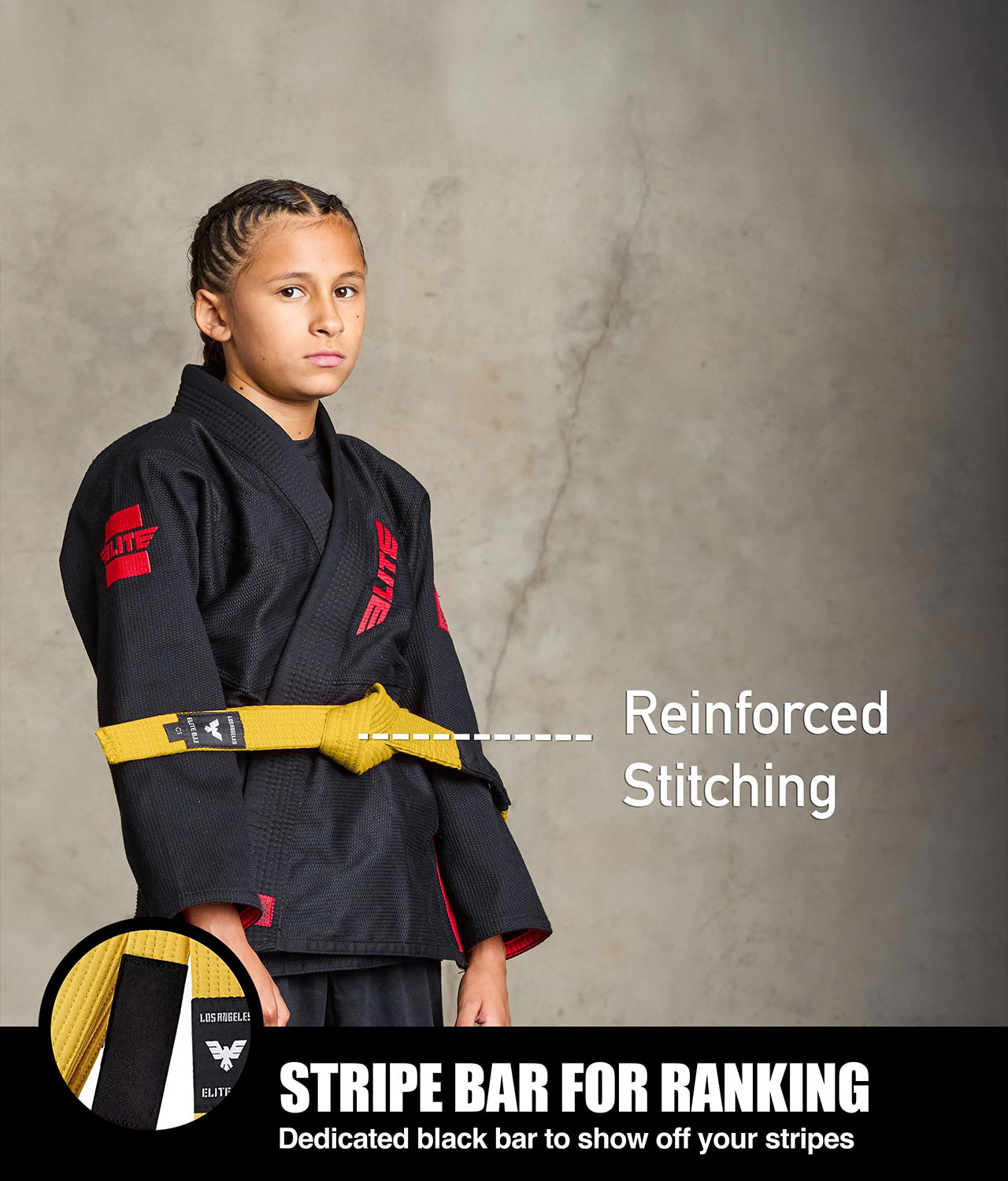 elite sports kids yellow bjj belt with stripe bar for ranking