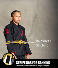 elite sports kids yellow/black bjj belt with stripe bar for ranking
