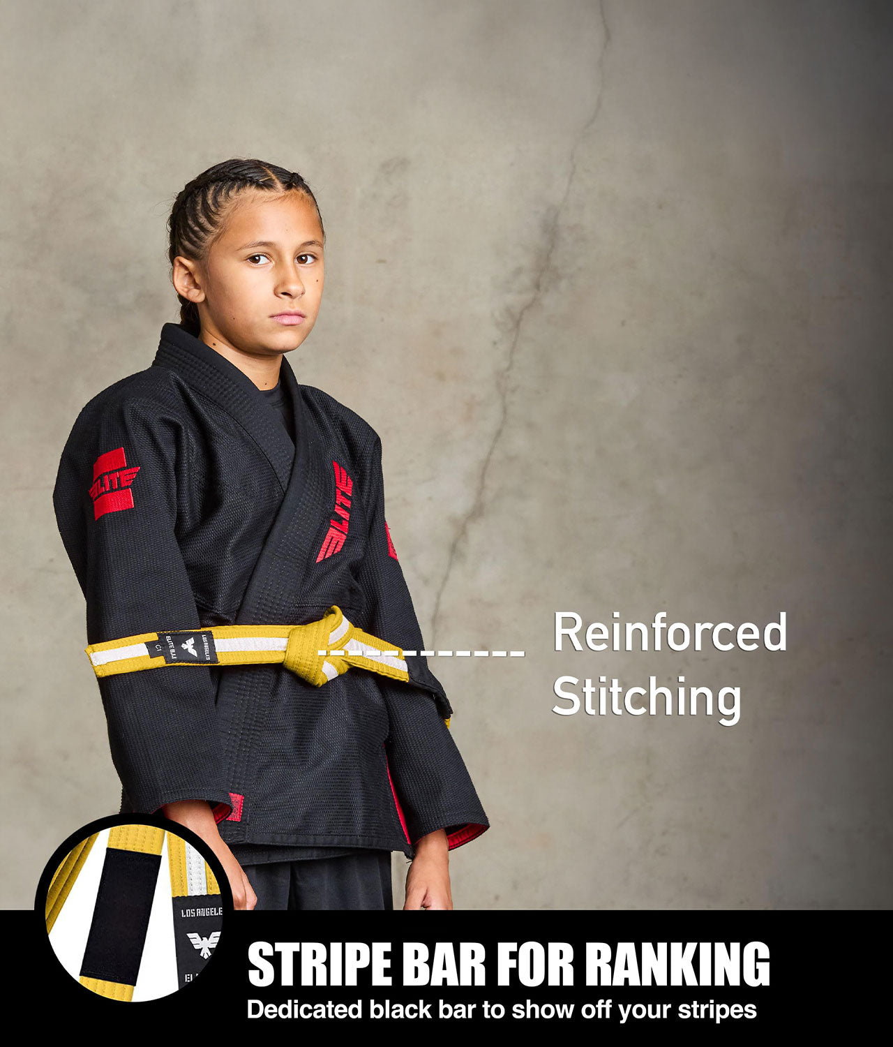 elite sports kids yellow/white bjj belt with stripe bar for ranking