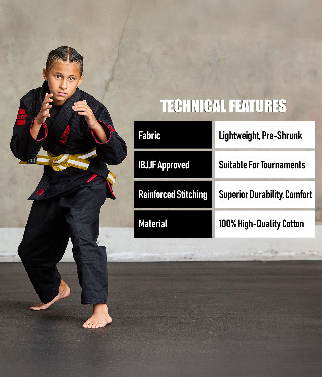 elite sports kids yellow/white bjj belt technical features