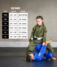 elite sports core green girls bjj wholesale gi size guide