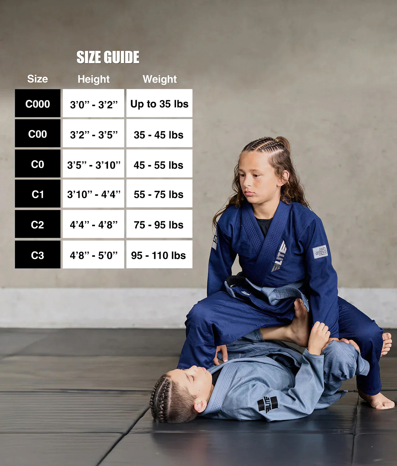elite sports core navy girls bjj wholesale gi size guide