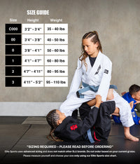 elite sports core white girls bjj wholesale gi size guide