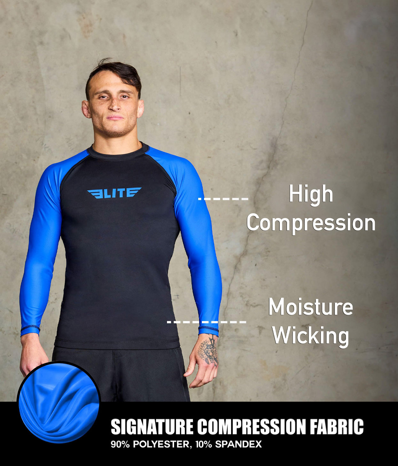 standard blue long sleeve mens jiu jitsu rashguard compression fabric