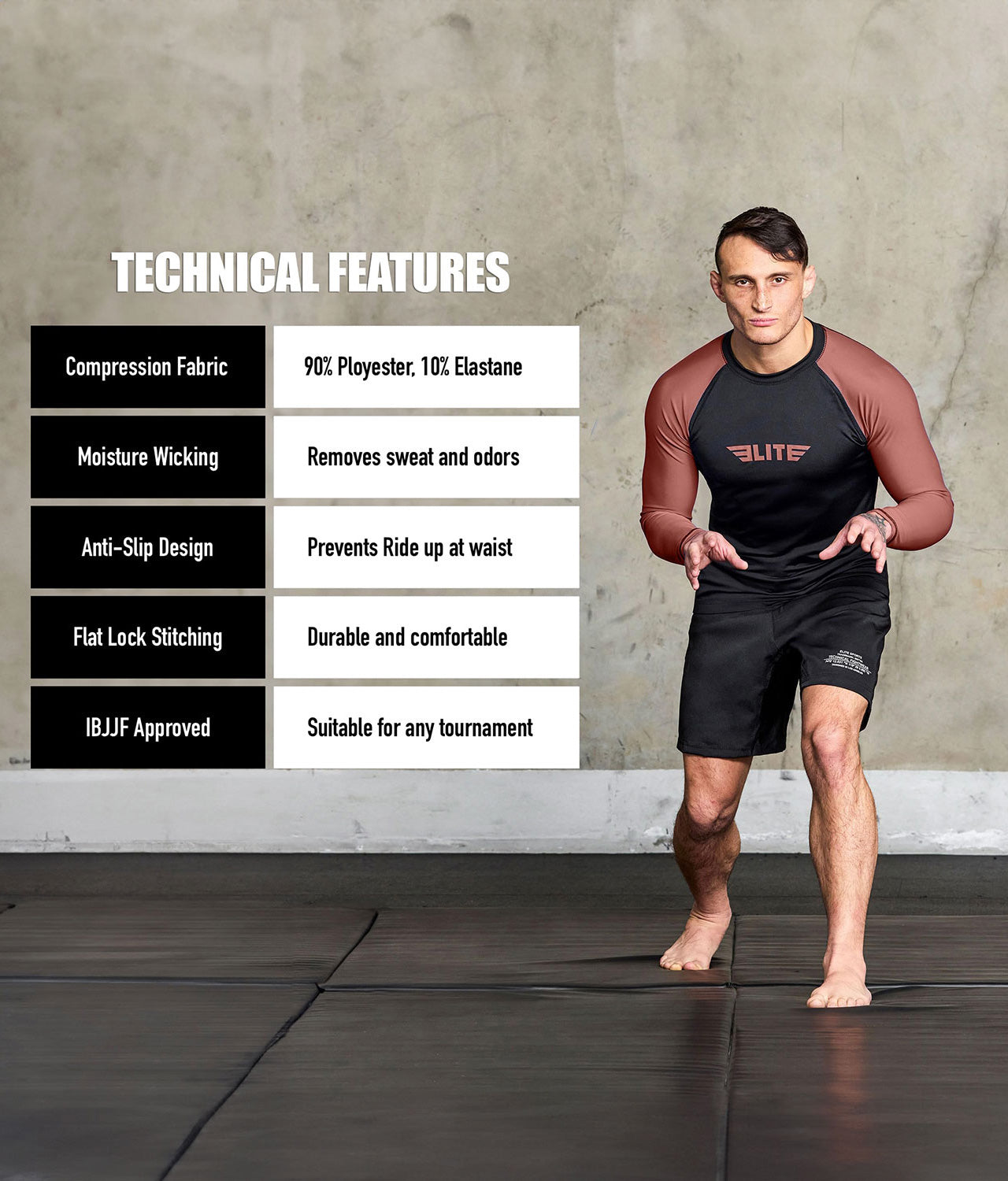 standard brown long sleeve mens jiu jitsu rash guard technical features