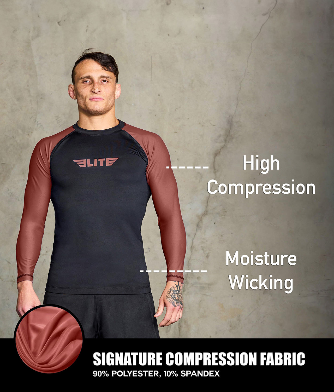 standard brown long sleeve mens jiu jitsu rashguard compression fabric