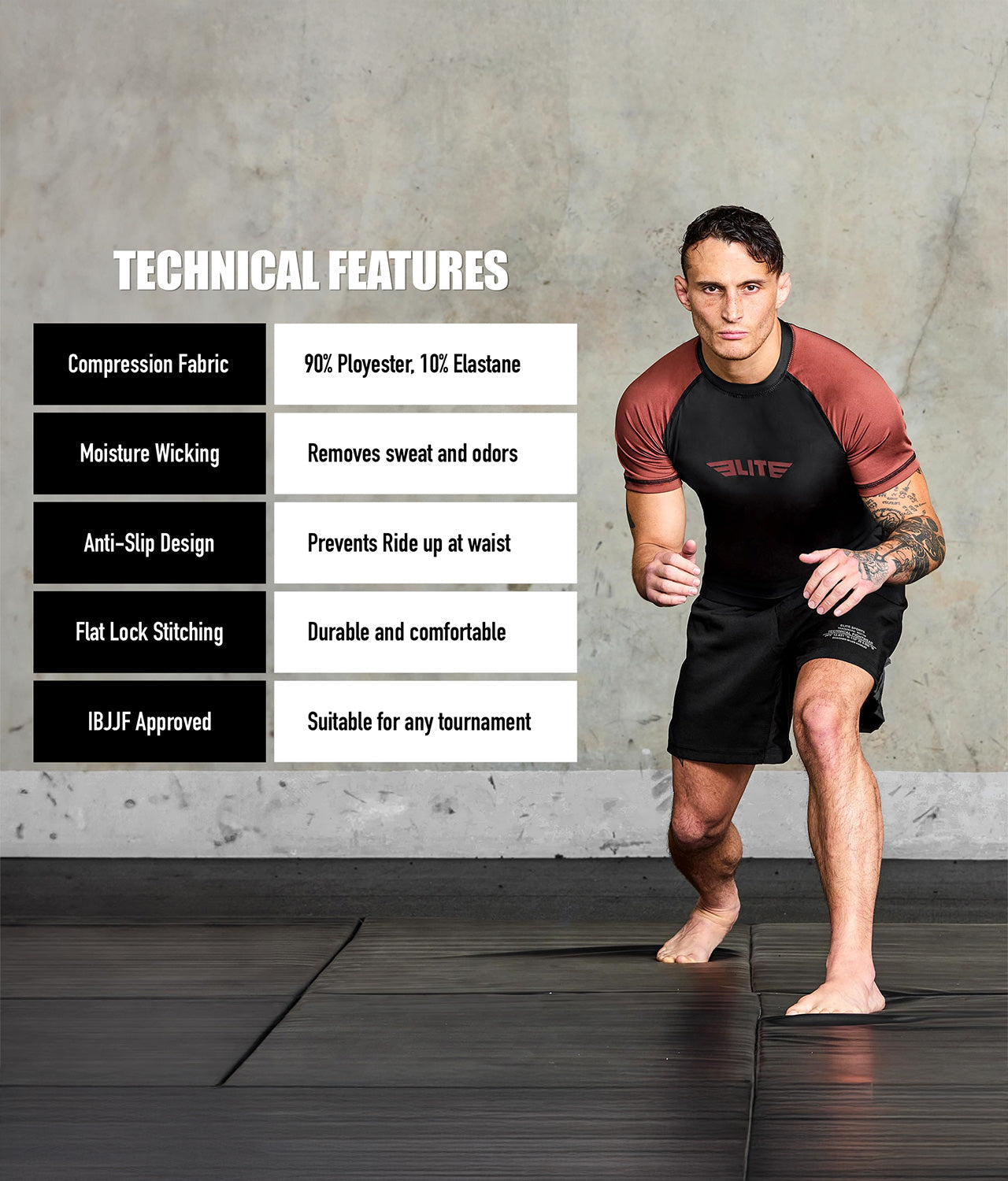 standard brown short sleeve mens bjj rashguard technical features