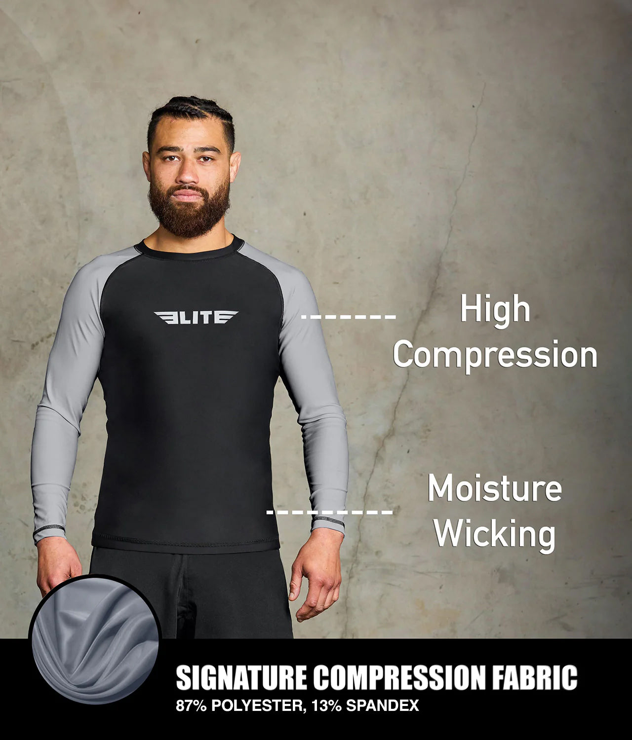 Standard Gray Long Sleeve No-Gi Mens BJJ Rash Guard