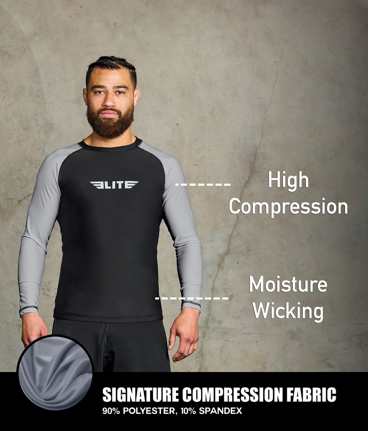 standard grey long sleeve mens jiu jitsu rashguard compression fabric