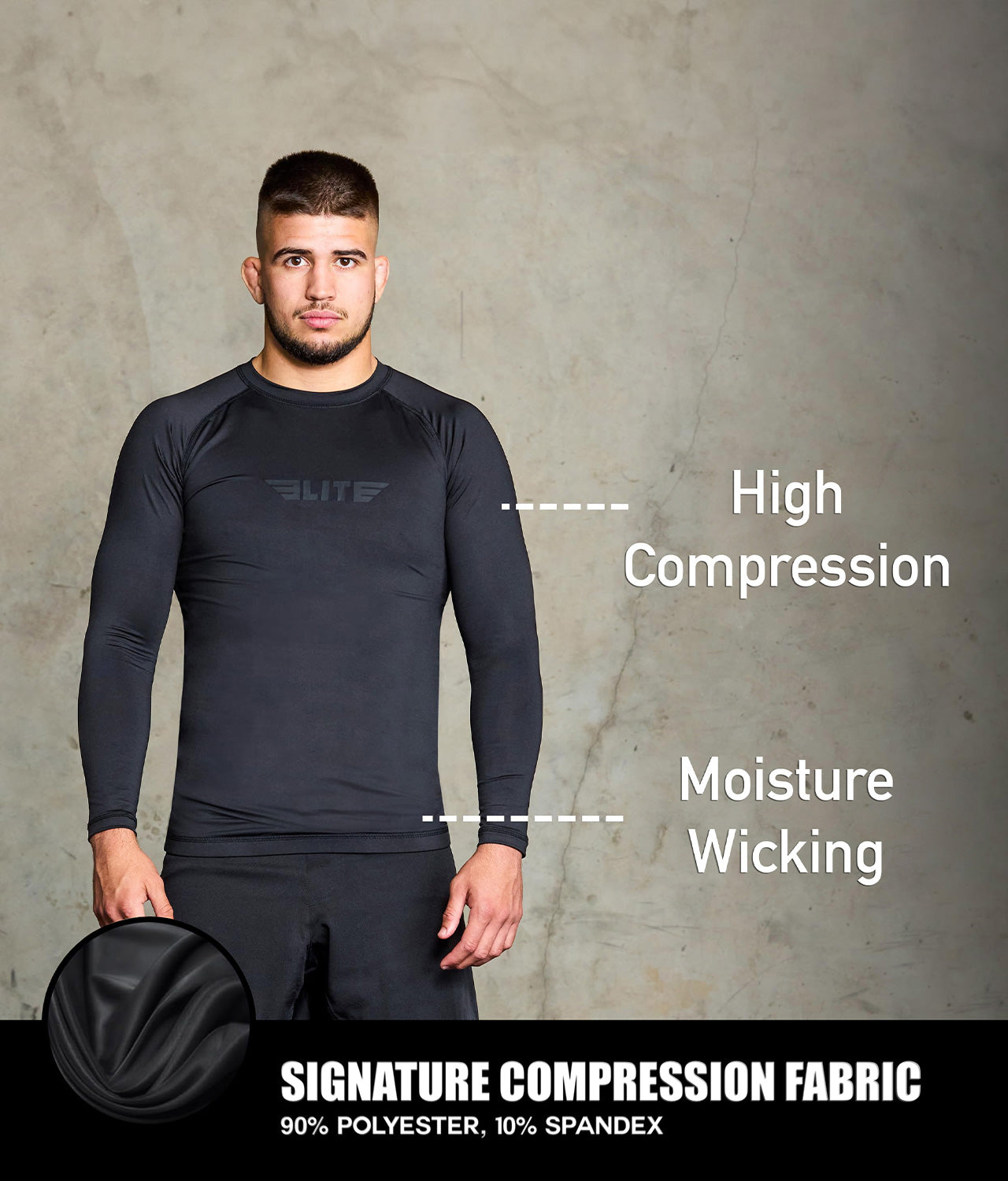 standard black long sleeve mens jiu jitsu rashguard compression fabric