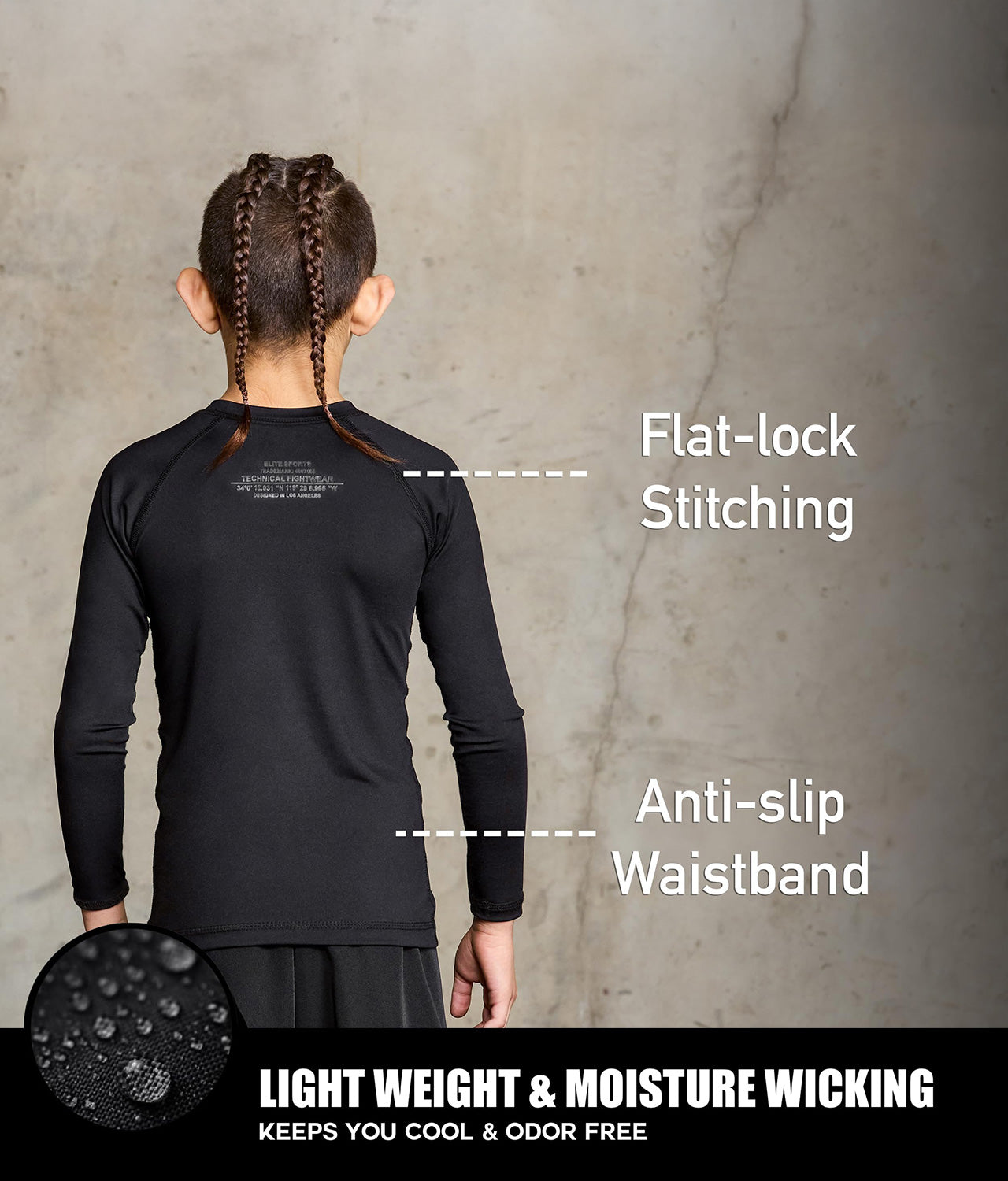 standard black long sleeve lightweight boys jiu jitsu rashguard