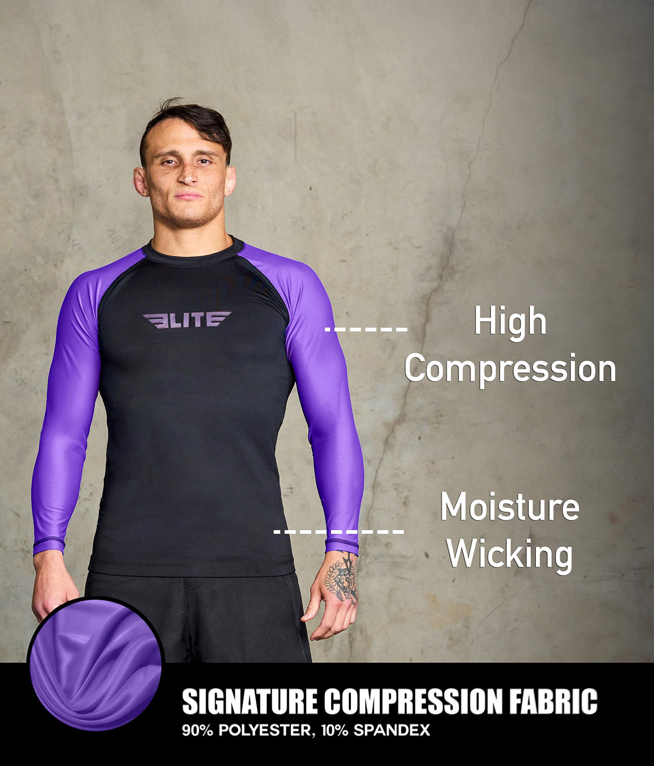 standard purple long sleeve mens jiu jitsu rashguard compression fabric