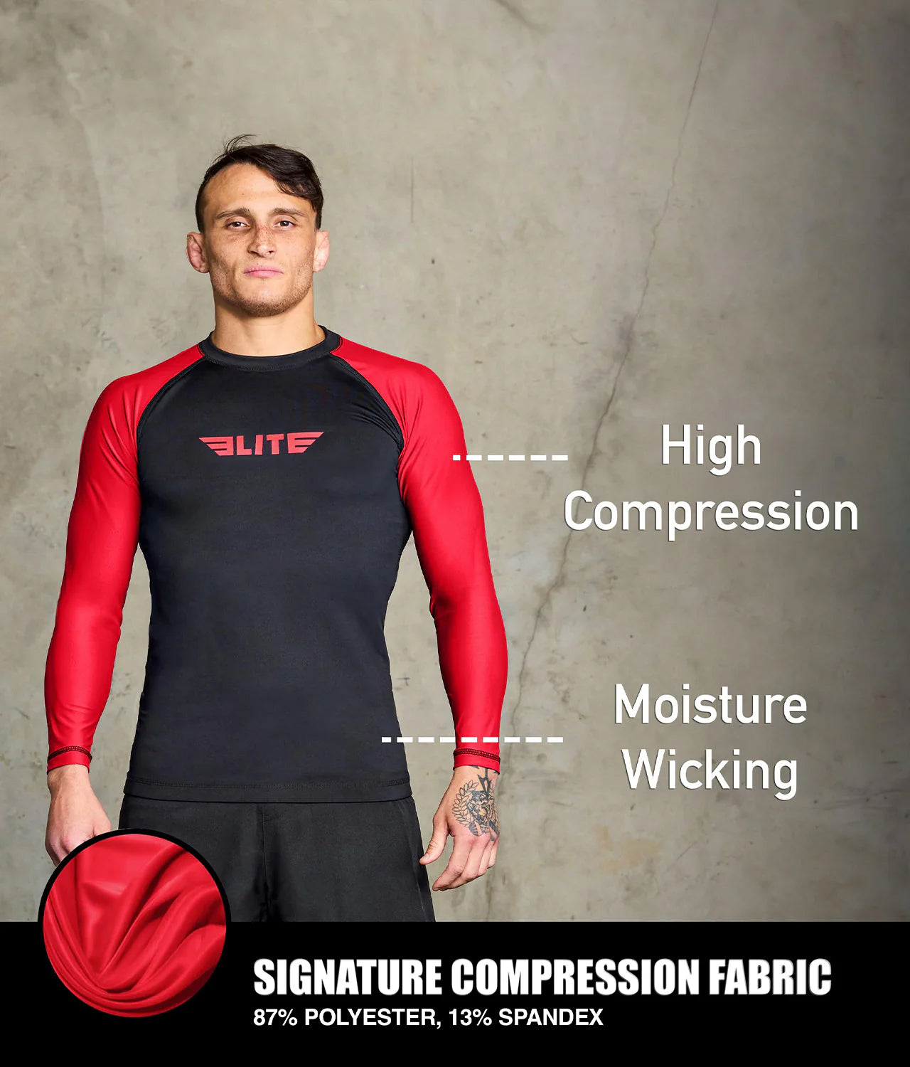 Standard Red Long Sleeve No-Gi Mens BJJ Rash Guard