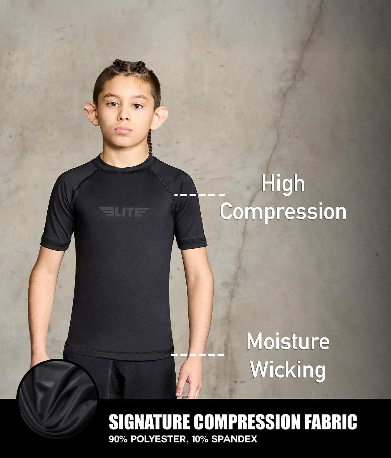 standard black short sleeve youth bjj rash guard compression fabric