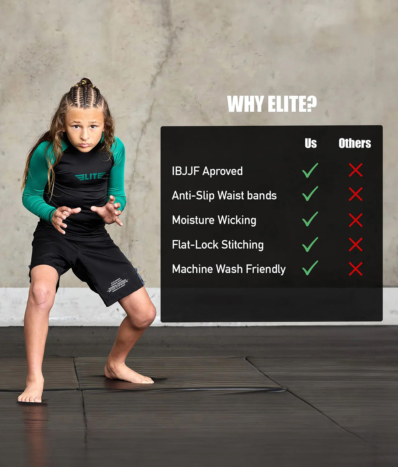 standard green long sleeve girls jiu jitsu rash guard technical features 