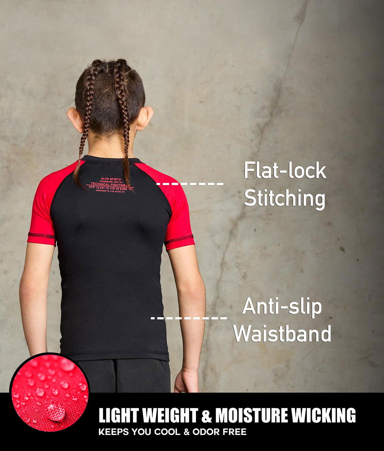 standard red short sleeve lightweight kids bjj rash guard