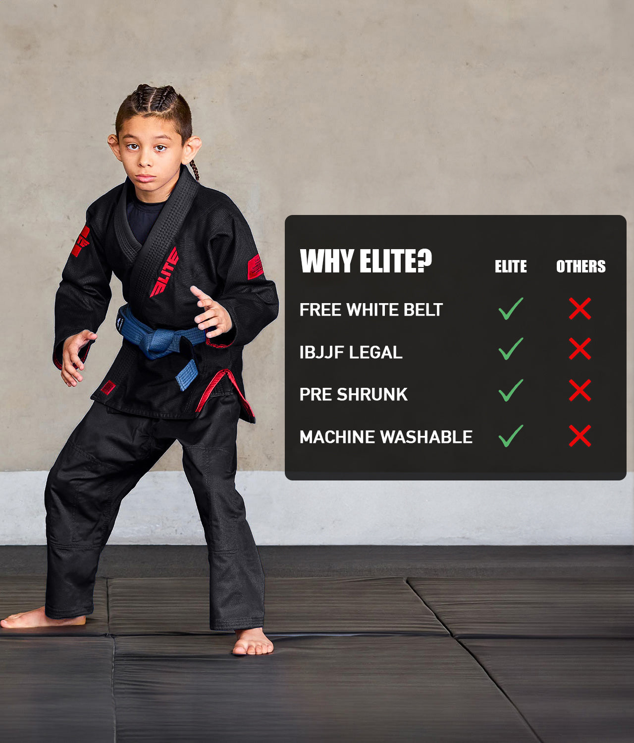 elite sports core black children bjj wholesale uniform technical features