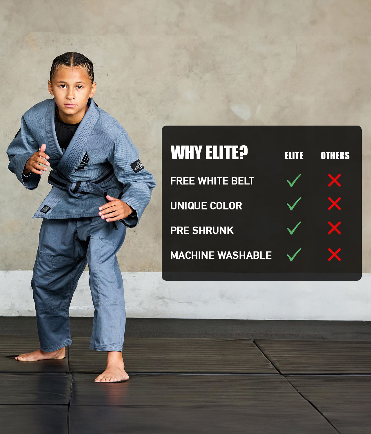 elite sports core gray children bjj wholesale uniform technical features