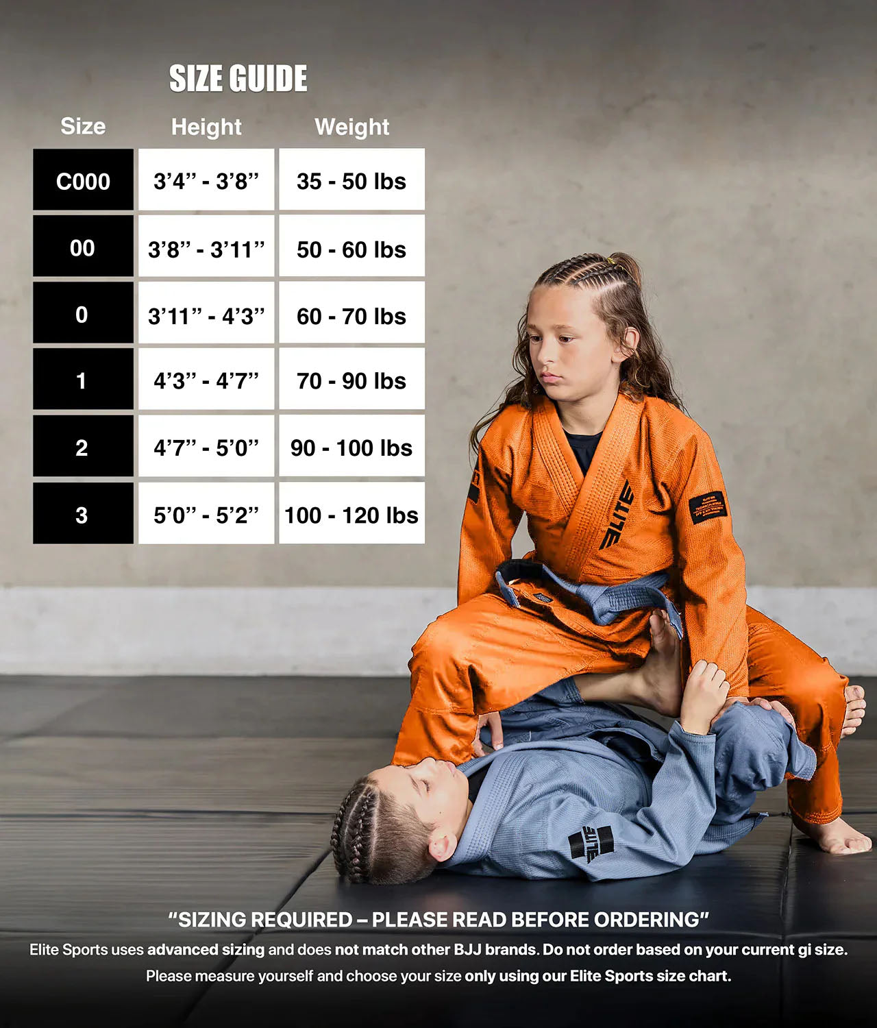 elite core orange girls bjj gi size chart