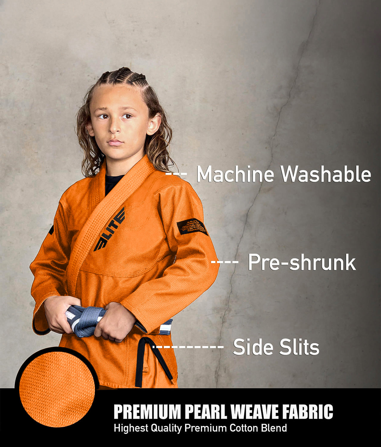 elite core orange kids bjj kimono fabric