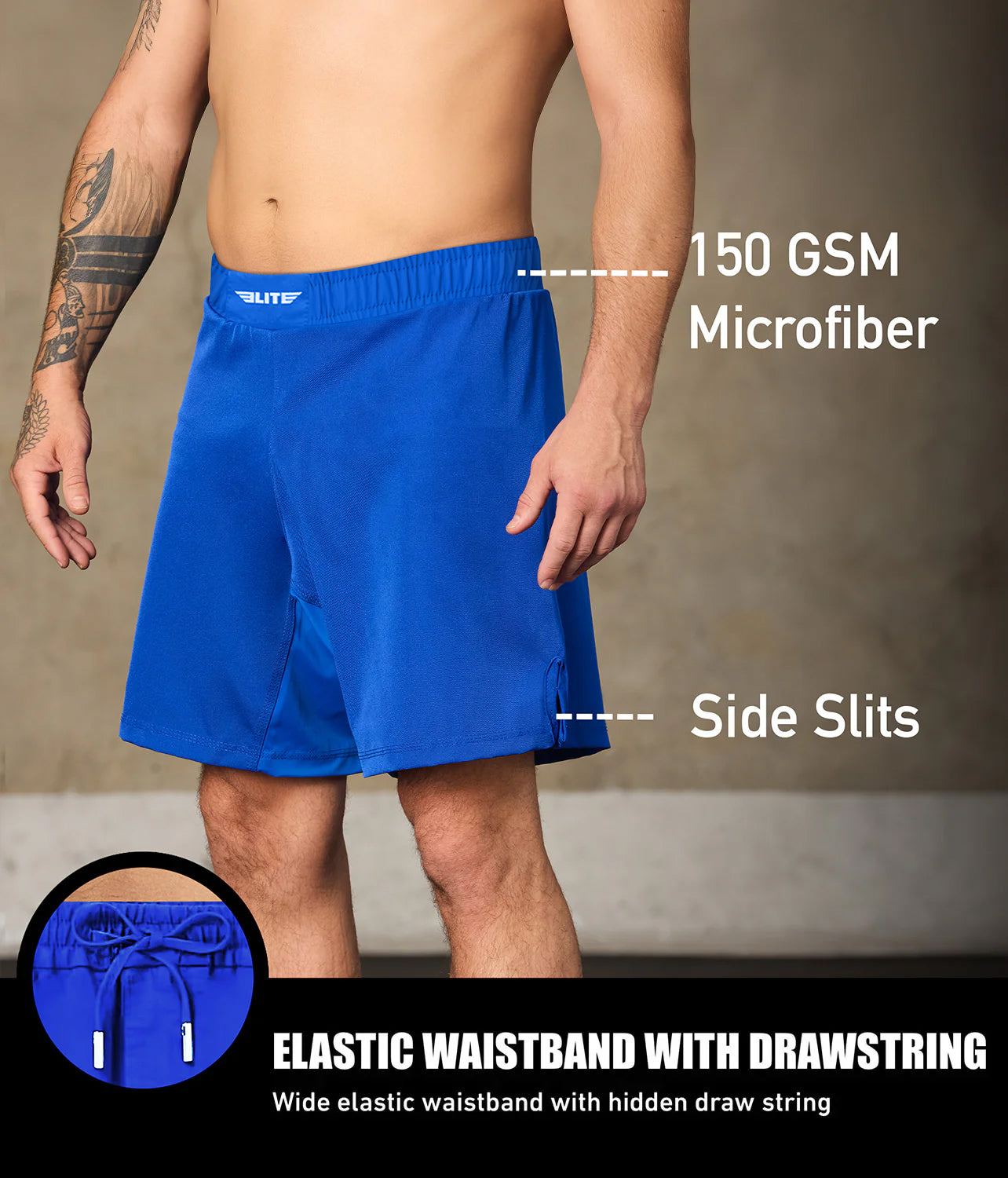 elite sports black jack series blue Brazilian jiu jitsu shorts with elastic waistband