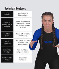 standard blue long sleeve ladies bjj rashguard technical features