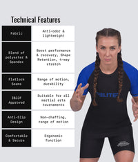 standard blue short sleeve ladies bjj rashguard technical features