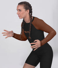standard brown long sleeve womens no-gi bjj rash guard flatlock seams