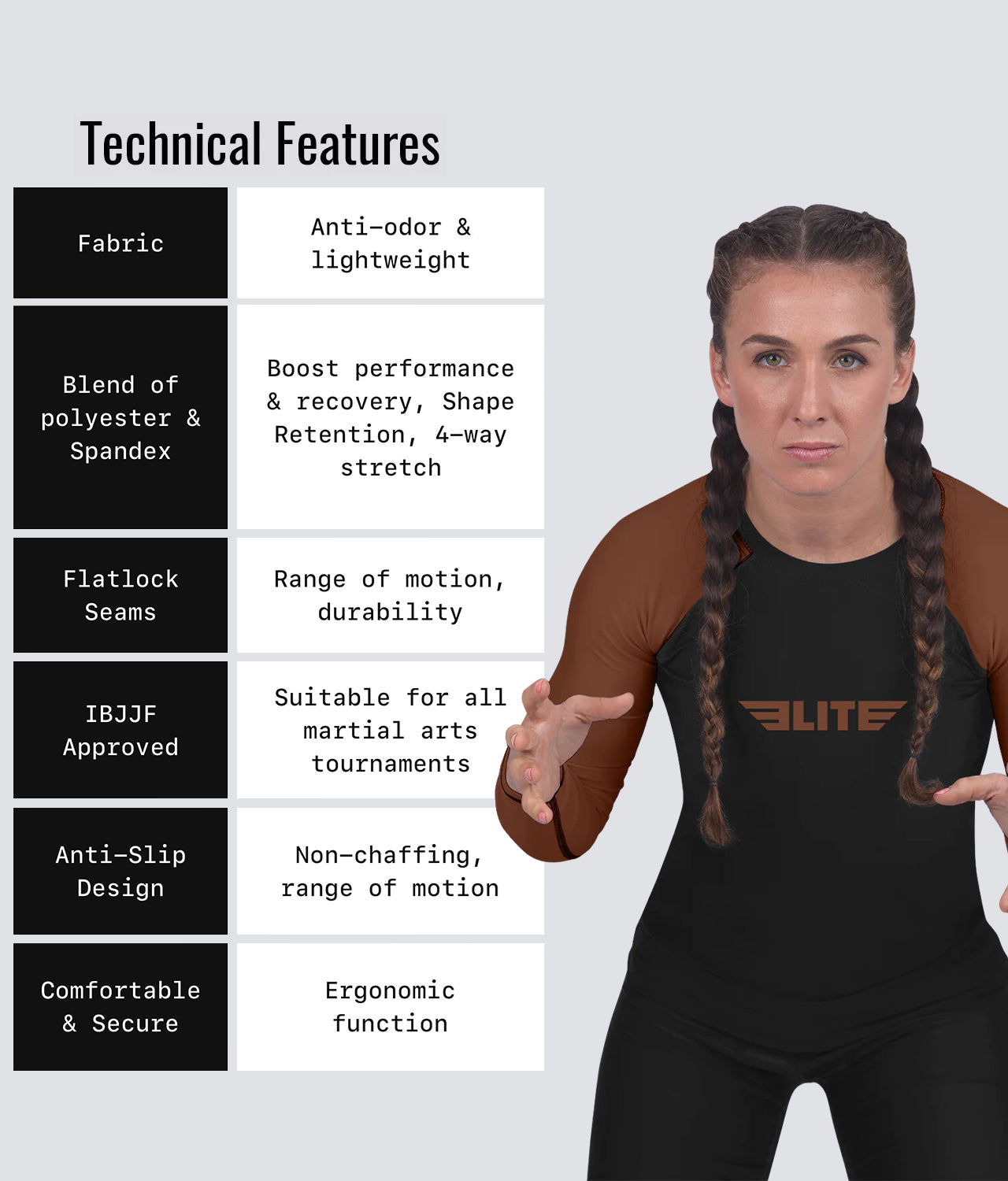 standard brown long sleeve ladies bjj rashguard technical features