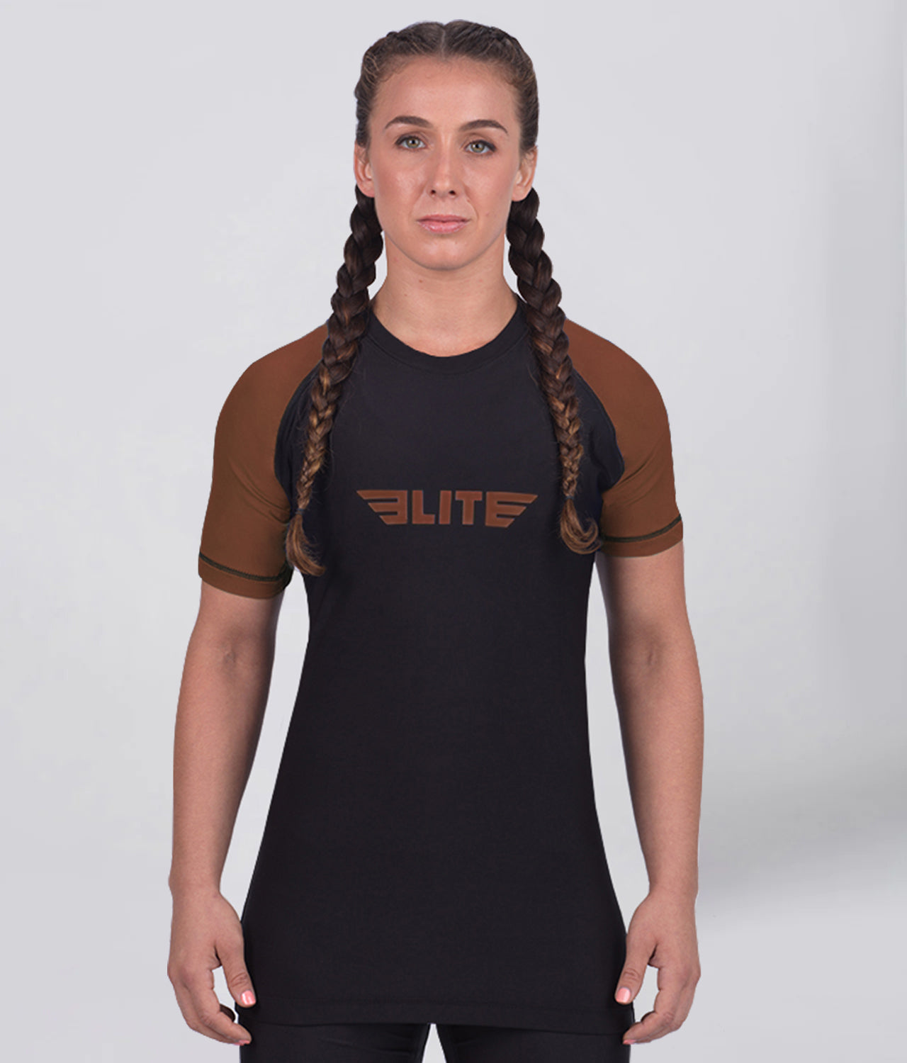 standard brown short sleeve womens no-gi bjj rash guard
